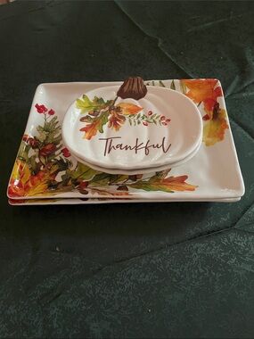 🍂Brand New Thankful Autumn Ceramic Serving Plate Set - White with Fall Leaves🍂